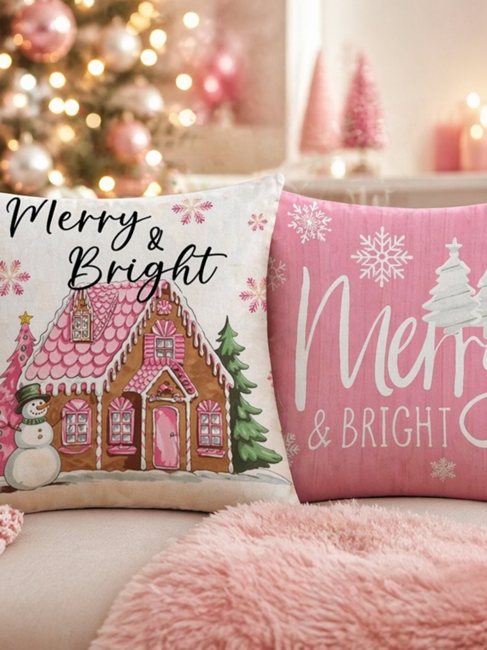 Set Of 2 Merry & Bright Pink Holiday Christmas Winter Accent Throw Pillows 18x18